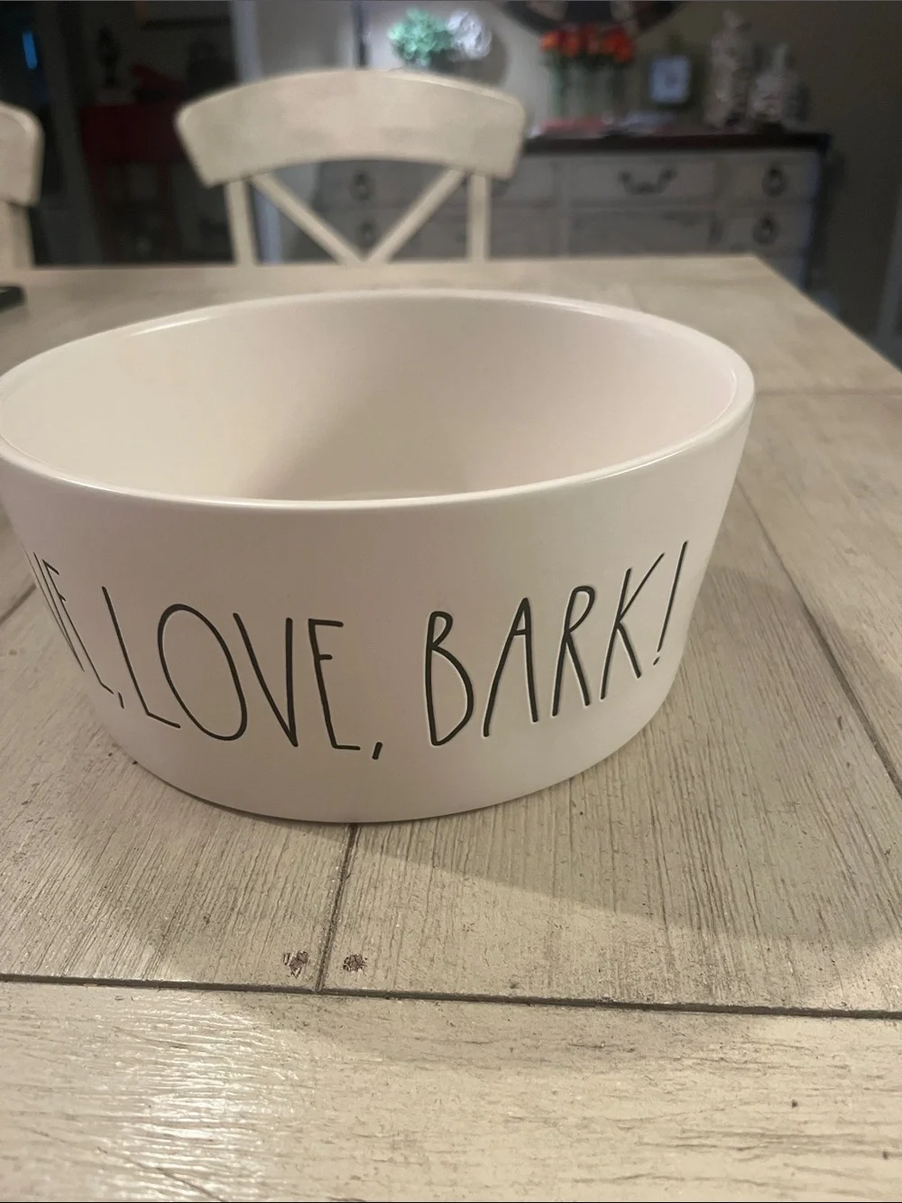 Rae Dunn White Ceramic Dog Bowl with Black Script